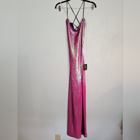 Lulu's Glam Diva Iridescent Hot Pink Sequin Lace-Up Maxi Dress - Picture 6 of 9